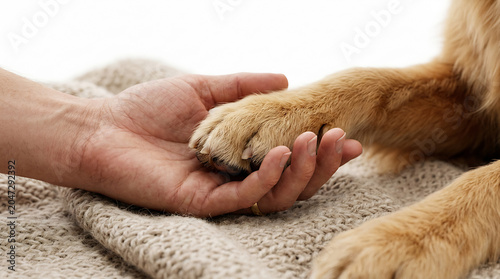 Human hand holding a dog paw on a knitted blanket