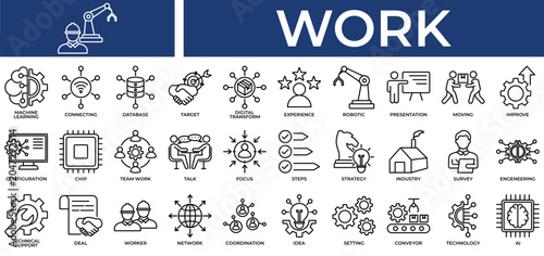 Work icon set collection. Containing speak, increase, database, progress, performance, survey, deal .Line vector icons collection