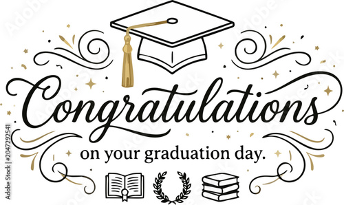 Tableau sur toile Elegant Graduation Congratulations Typography Card with Cap, Books and Laurel Ve