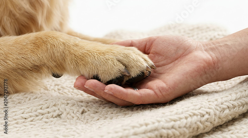 Close up of a dog paw resting in a person's hand