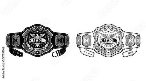 фотографія Champion belt with decorative elements black and white line art illustration
