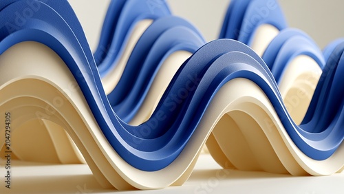 Blue Cream Parametric Wave Sculpture 3D Abstract Background