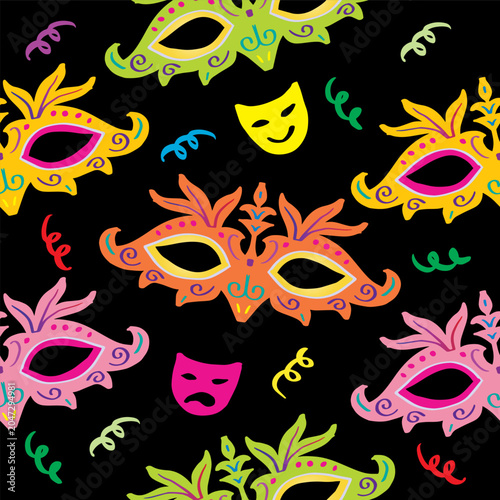 Seamless pattern with colorful carnival masks on black background.