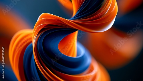 3D Twisted Spiral Ribbon Orange Navy Blue Fluid Abstract Background