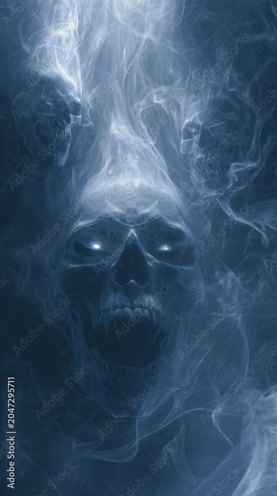Naklejka premium Dark and eerie digital art featuring glowing skulls emerging from swirling smoke against a shadowy background, evoking a mysterious and haunting atmosphere