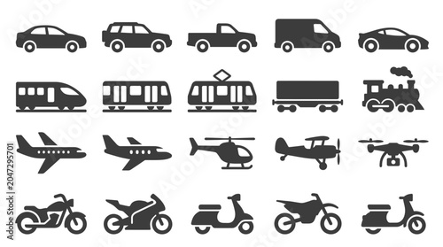 Set of various transportation icons including car train airplane and motorcycle silhouettes on white background, illustrating urban mobility systems and covering diverse travel options