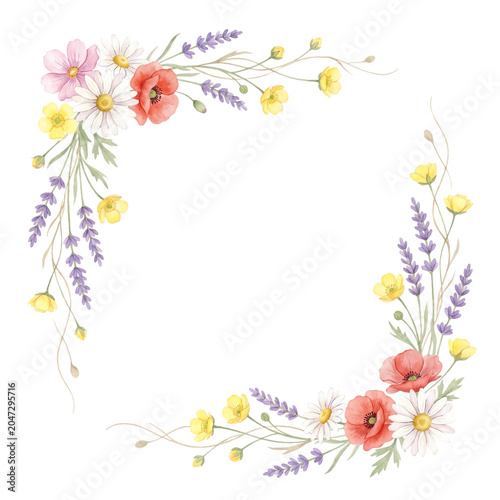 Watercolor wildflower frame with poppy, daisies, buttercup, and lavender