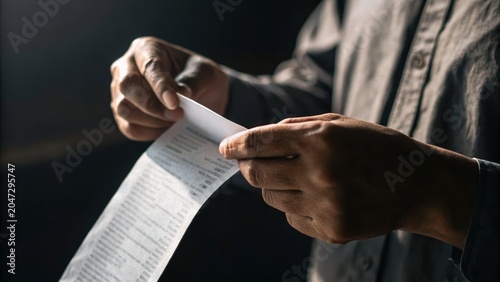 A person holding and examining a long receipt, focusing on details, with a dimly lit background.