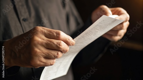 An elderly person holding and reading a printed receipt or bill under warm lighting with a dark background.