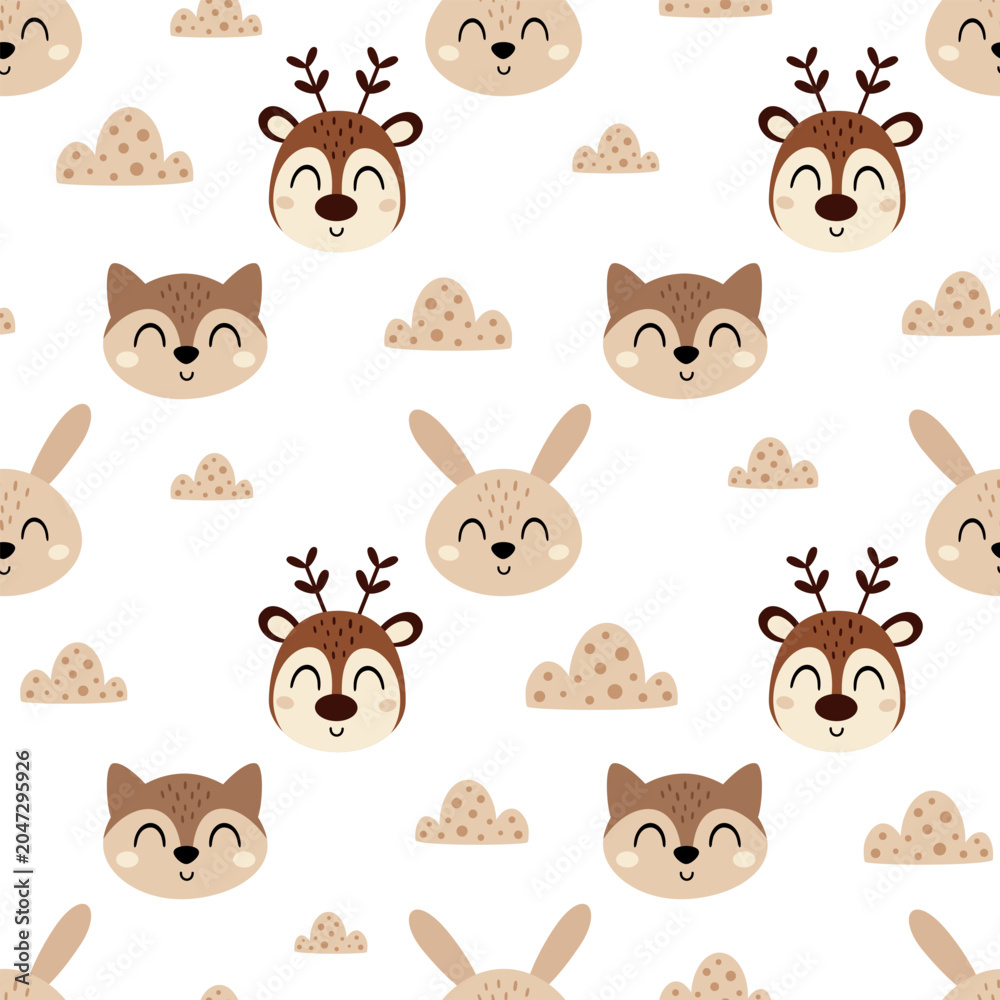 Obraz premium Cute animal faces seamless pattern. Woodland animal background. Catroon forest characters illustration. Kids vector repeat design.