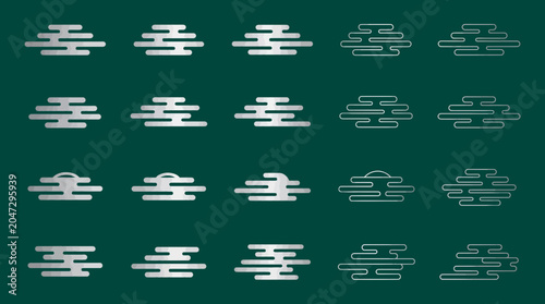 Various silver traditional Japanese cloud patterns and line art icons isolated on dark green background, symbolizing oriental cultural heritage and providing elegant decorative elements