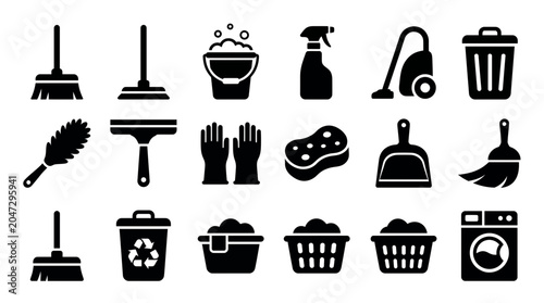 Black cleaning and laundry icons set featuring broom, vacuum and bucket isolated on white background, representing professional housekeeping services and illustrating maintenance tasks