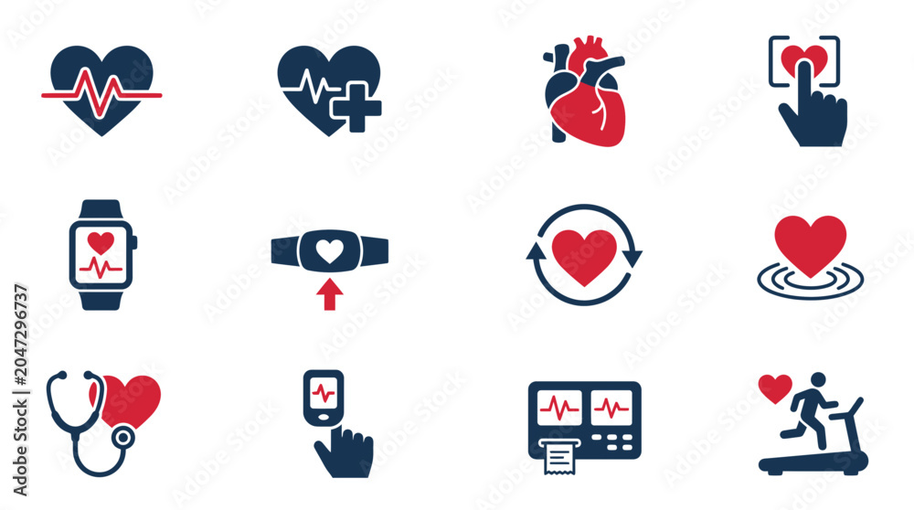 Fototapeta premium Cardiology and Health Icons: Heart, ECG, Stethoscope, Smartwatch, Running