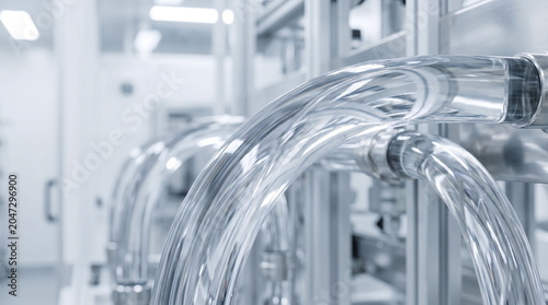 Close up of thick transparent fluid transfer tubing in a sterile cleanroom facility for industrial semiconductor chip manufacturing process