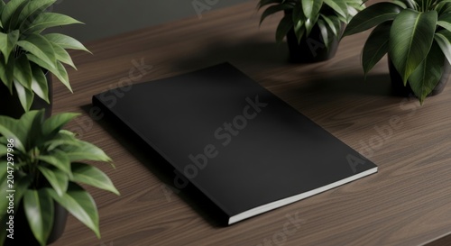 Elegant Black Book Mockup on a Dark Wood Desk Framed by Green Plants
