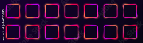 Obraz na plátně Set of gradient neon square frames with electric LED light
