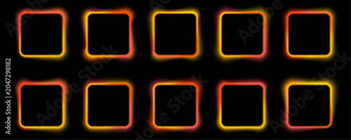 Fotografie Set of orange, red neon square frames with electric LED light