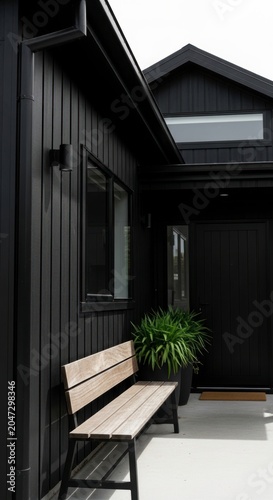 Sleek Black Modern Home Entrance with a Contrasting Natural Wood Bench