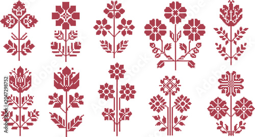 Bild auf Leinwand Set of red pixel art symmetrical flower motifs for traditional embroidery and cr