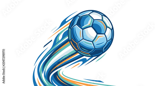 Premium flat vector illustration of a stylized soccer ball in motion with swirling lines depicting speed and energy in a dynamic scene.