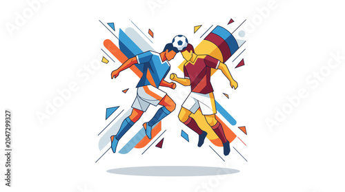 Modern minimalist vector illustration showing a professional soccer player kicking ball with opponent in stadium.