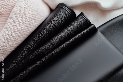 Leather textures in black and pink, showing folds and surfaces