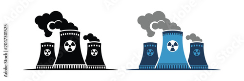 Foto Nuclear Power Plant Vector Icons with Reactor Facilities, Radiation Warning Sign
