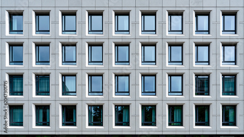 Modern Office Building Facade A grid of identical windows forms the repetitive pattern of a contemporary office building's exterior, reflecting the sky and urban landscape.