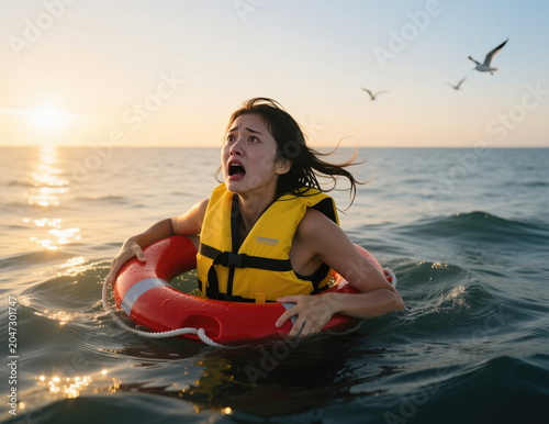 Woman in life jacket holding lifebuoy, swimming in sea, survival.