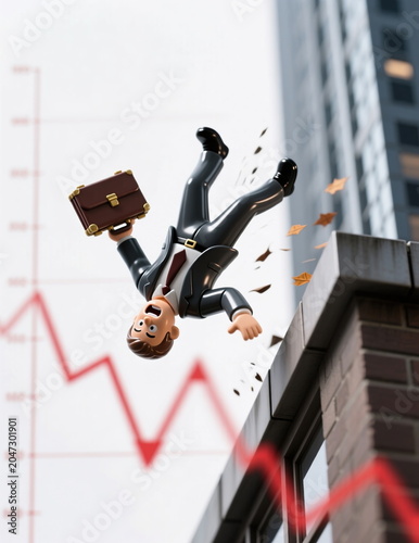 A businessman with a briefcase jumps out of his skyscraper office, financial crisis, falling chart