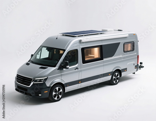 Modern camper mobile motorhome on wheels on a white background.