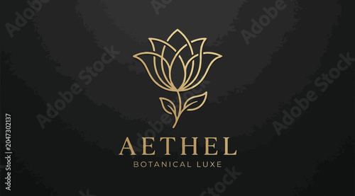 Foto Aethel botanical luxe logo design with golden lotus flower illustration on dark