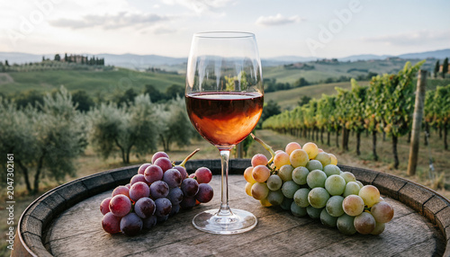 A glass of wine on a wooden vintage barrel with alcohol and fresh bunches of grapes