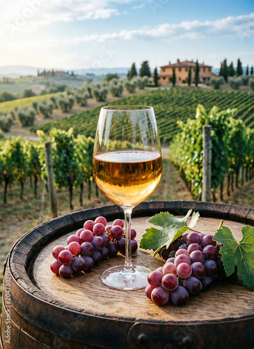 A glass of wine on a wooden vintage barrel with alcohol and fresh bunches of grapes