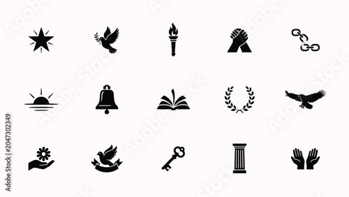 Foto Juneteenth icons star dove torch handshake chains sunrise book wreath eagle column