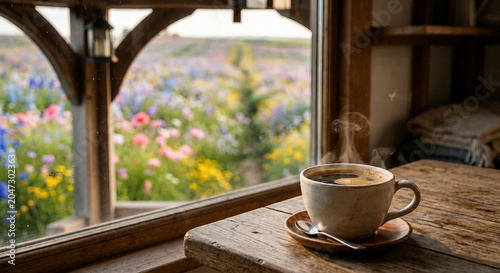 Hot coffee cup on wooden table with blurred flower garden background and soft natural daylight through window