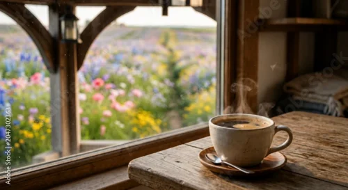 Fototapeta na wymiar Hot coffee cup on wooden table with blurred flower garden background and soft natural daylight through window