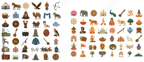 Tableau sur toile Vsai mongolia and india cultural symbols and traditions collection
