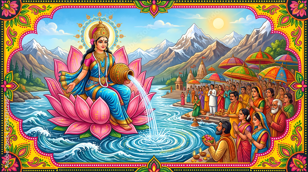 Fototapeta premium Ganga dussehra festival depicts the goddess on a lotus over a river