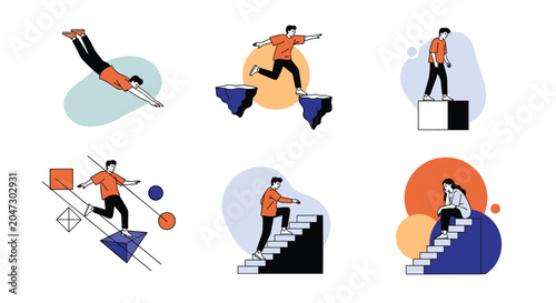 Stylized illustrations of people performing various physical actions like jumping, climbing stairs, and sitting on geometric blocks for concepts.