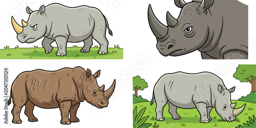 Foto Cartoon rhinoceros character illustration set featuring different realistic pose
