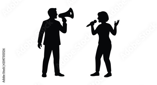 Photos Man With Megaphone And Woman Singing Into Microphone Silhouette singer speaker a