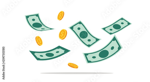 Dynamic illustration of several green dollar bills and gold coins falling or floating through the air against a plain white background.