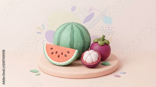 Mangosteen and watermelon in pink soft background animation cartoon 