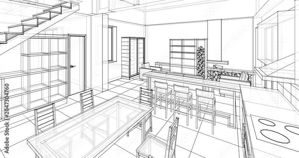 Fototapeta premium interior kitchen living room 3d illustration