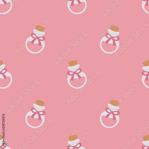 Halloween potion bottle seamless pattern featuring pink glass flasks with ribbon bows on a pastel backdrop used for spooky party decorations wrapping paper fabric print and stationery