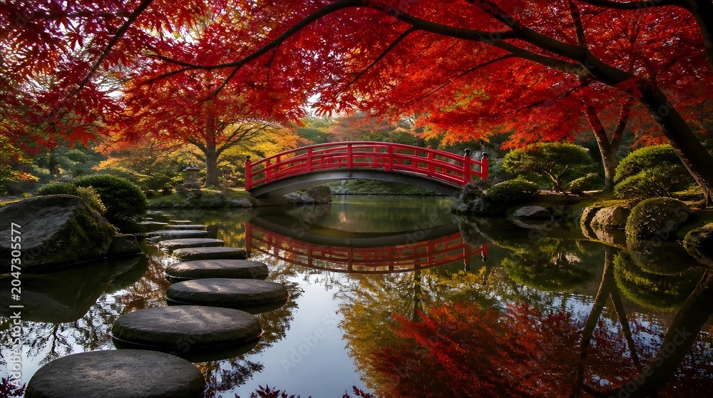 Fototapeta premium Traditional Japanese garden in autumn with red bridge and stepping stones reflecting in pond.