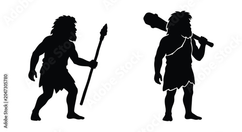 Tableau sur toile Caveman And Cavewoman Figures With Weapons Black Silhouette prehistoric man woma