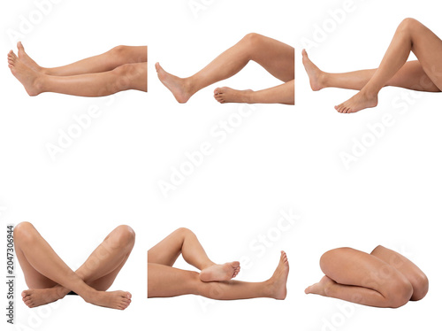 Obraz na plátně Various relaxed poses of bare female legs, showcasing natural beauty and comfort