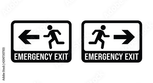 Foto Emergency exit signs with running person silhouettes black and white graphic sig